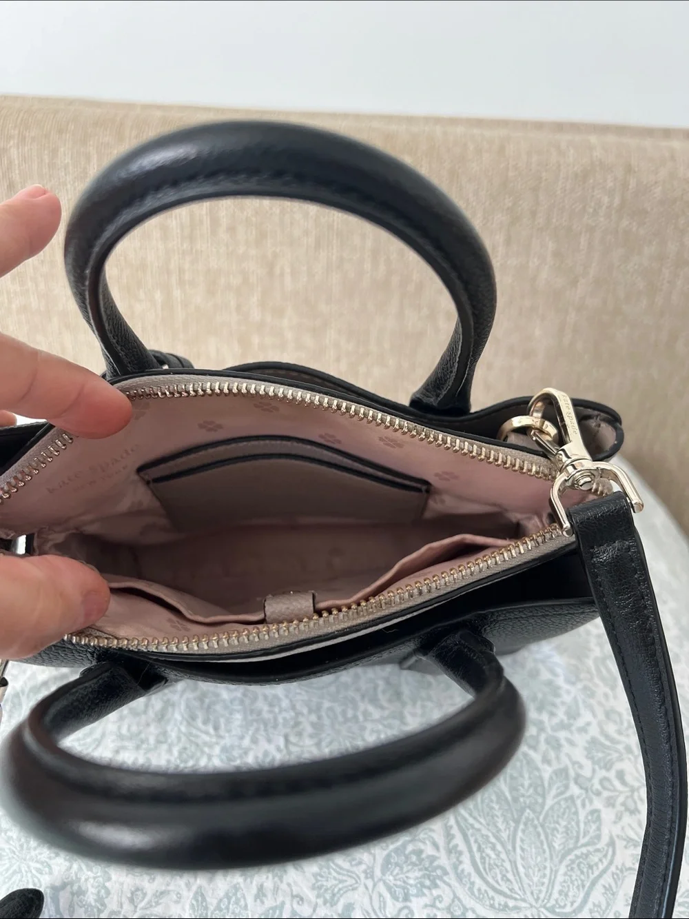 Kate Spade Black/Tan Small Satchel with Blush Trim and Gold Hardware